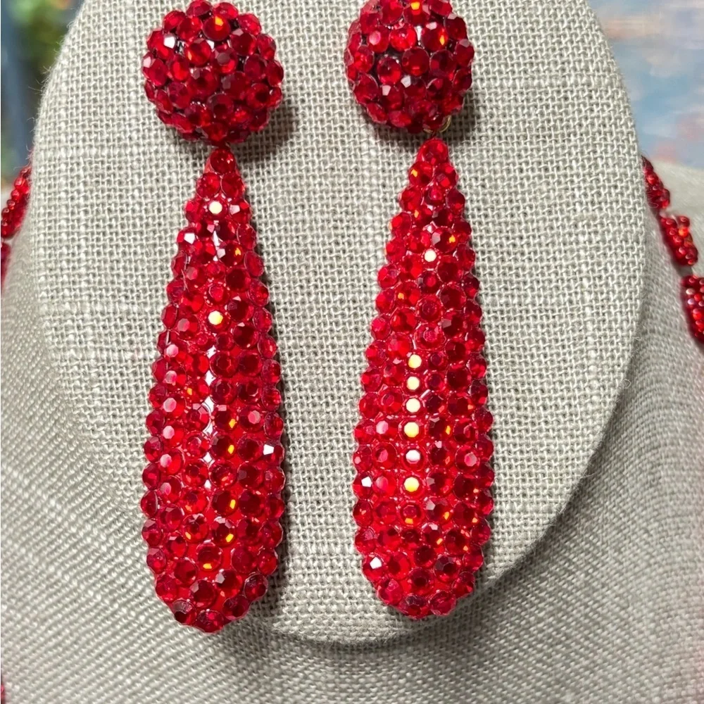 Red Crystal Pageant Drop Earrings with Matching Bead Necklace